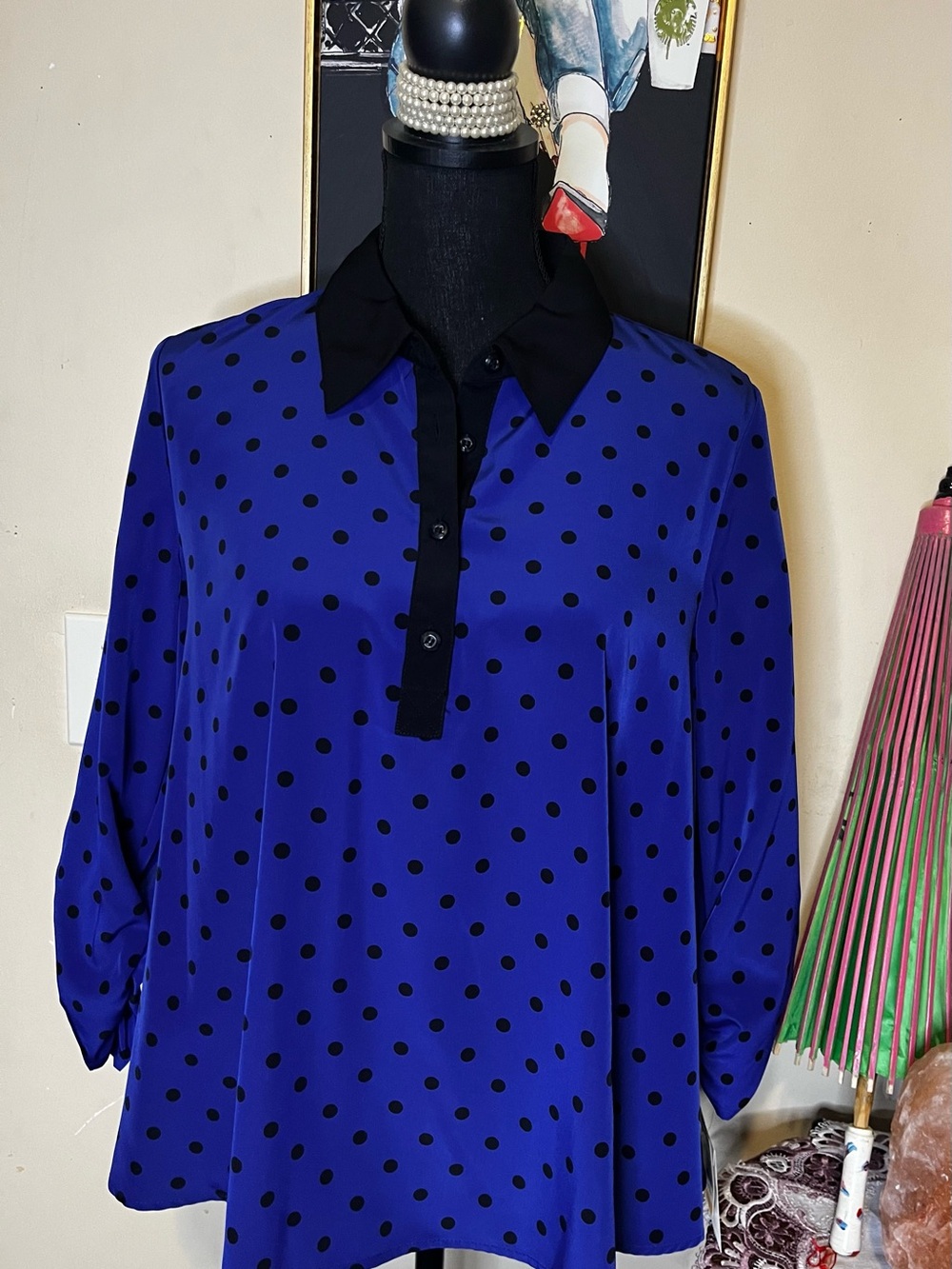 Style & Co. Royal Blue Polka Dot Blouse with Black Accents